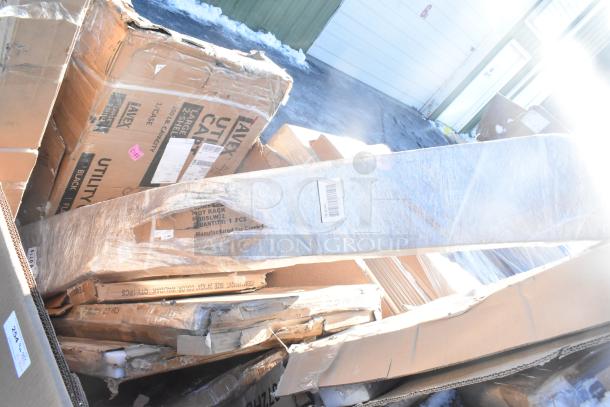 12 Brand New Scratch and Dent items including sink, bar stool, table base plate, pot rack. Boxes show minor damage.