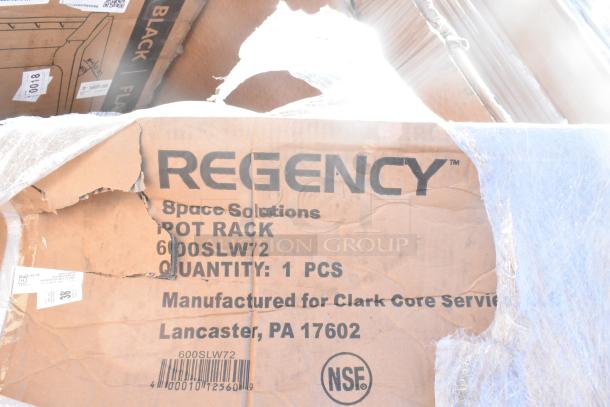 Regency pot rack box, marked "6OOSLW72," with NSF certification, slightly damaged, part of scratch and dent auction lot.