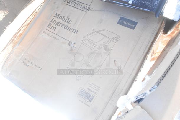 Baker's Lane Mobile Ingredient Bin box, 27-gallon capacity, some visible scratches. New condition with minor dent.