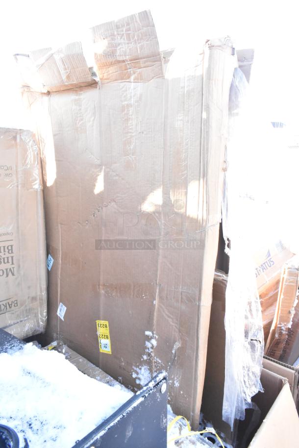 7 new scratch and dent items in boxes, including Bakers Lane Ingredient Bin, Regency Table, and Pan Racks; packaging visible.