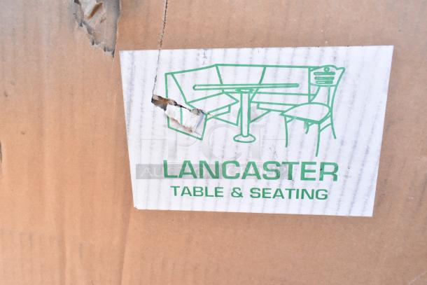 Cardboard box with Lancaster Table & Seating label, visible tear on the side. Items listed include Bakers Lane ingredient bin, and Regency pan racks.