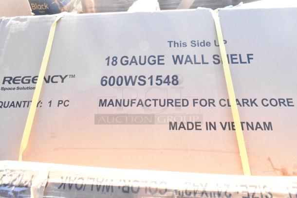 Cardboard box labeled "Regency 18 Gauge Wall Shelf, 600WS1548, Made in Vietnam." Includes one piece, shows slight scratches.
