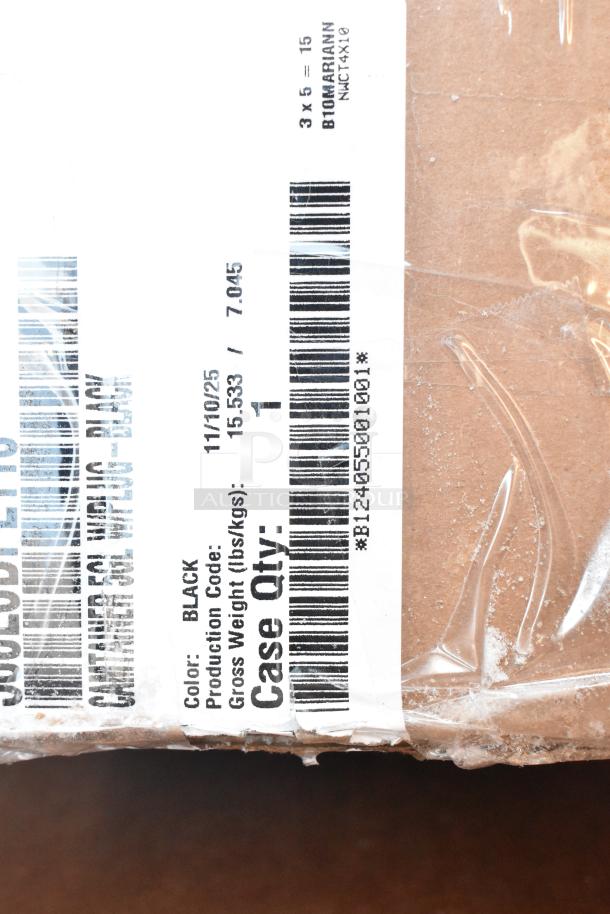 Box with barcode and label showing item details: Black color, production code 11/10/25, gross weight 15.533 lbs, case quantity 1.