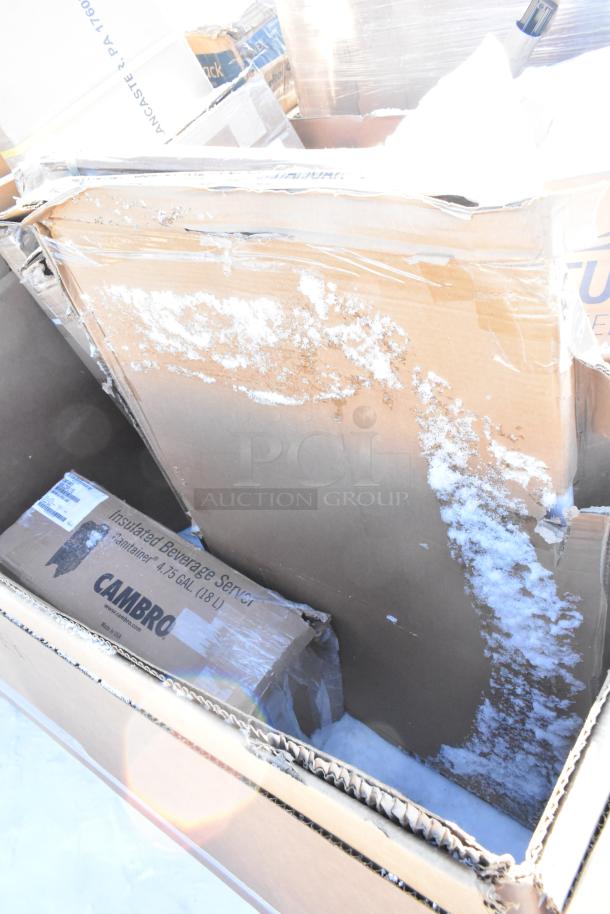 Box containing brand new scratch and dent items including Cambro insulated beverage server. Potential for 10x bid value.