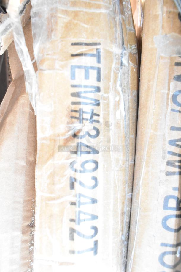 Cardboard packaging labeled "ITEM# 34924A2T" showing part of a bundle of new scratch-and-dent items, including shelves and a baby changing station.