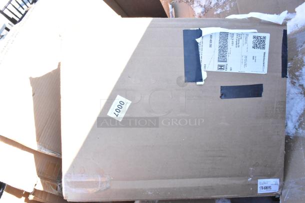 Box of 10 new scratch and dent items including shelves and baby changing station, labeled with '2000'.