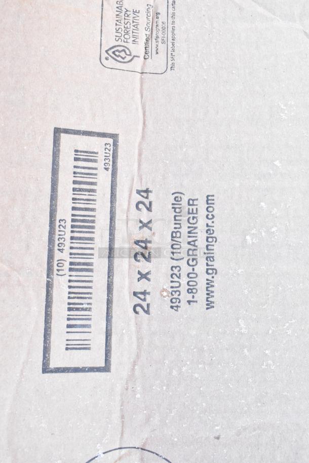 Cardboard box with markings. Features a barcode, dimensions 24x24x24, and Grainger contact info. Classic forestry initiative logo.