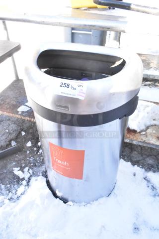 SimpleHuman metal trash can, stainless steel finish, labeled for bottles/cans, visible auction tag. Good condition.