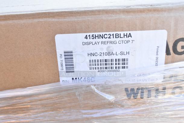 IN ORIGINAL BOX! Hoshizaki HNC-210BA-L-SLH refrigerated sushi case, 83", left compressor, boxed, labeled with model info.