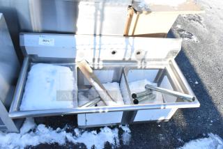 Brand new KoolMore SB151512-15L3 stainless steel commercial sink, 48 in., two compartments, two drainboards, minor scratches.