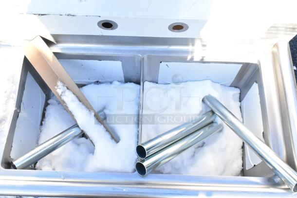 Brand new KoolMore SB151512-15L3 48" stainless steel sink, two compartments, minor scratches, with 2 drainboards, in snow.