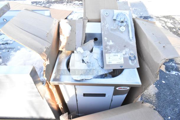 BRAND NEW 2025 Eagle HSA-10-FA-1P foot-operated hand sink, scratch and dent condition, includes gooseneck and single foot pedal.