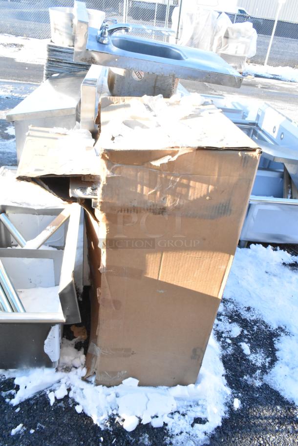 Brand new 2025 Eagle HSA-10-FA-1P foot-operated pedestal hand sink in damaged box, with gooseneck, single foot pedal, P-trap.