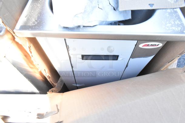 Brand new Eagle HSA-10-FA-1P foot-operated pedestal hand sink with gooseneck, visible scratch and dent damage.