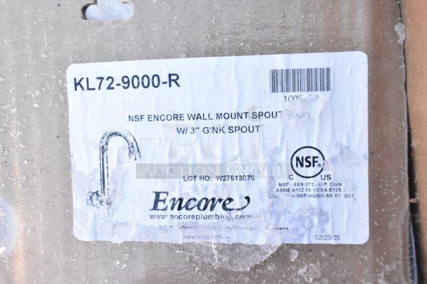 Label on scratched package shows NSF Encore wall mount spout, model KL72-9000-R details.