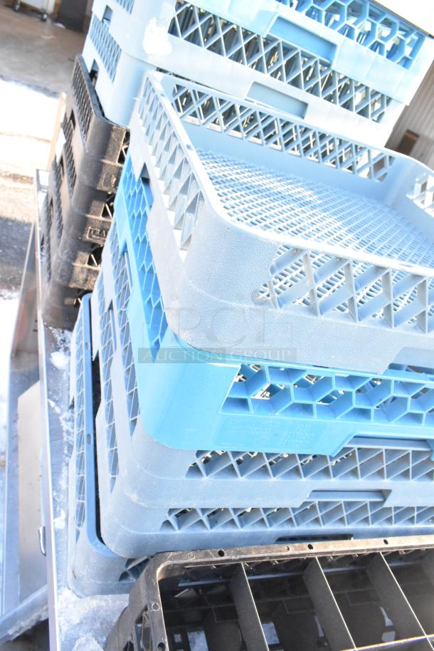 Lot of 14 poly dish caddies in blue and black, stacking design, used condition, ideal for commercial kitchens.