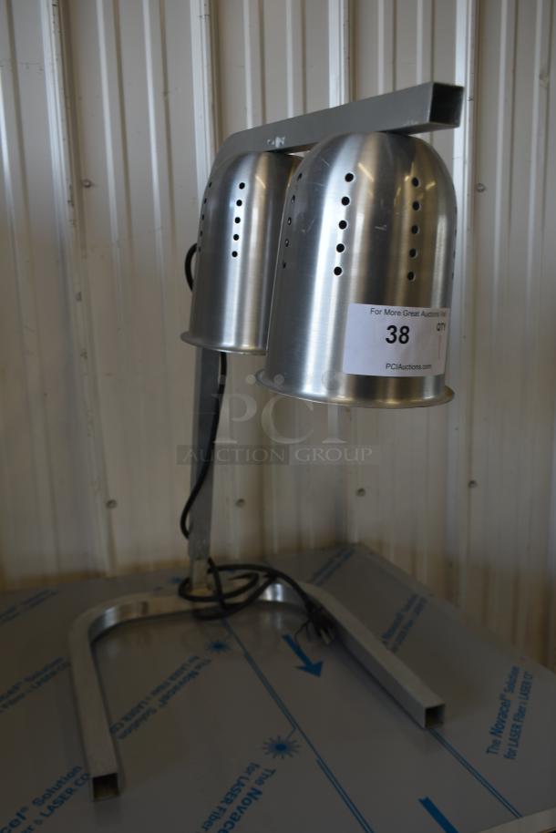 Avantco W62 countertop 2-head warming lamp, aluminum finish, 120 volts, 1 phase. Condition appears good. Label reads "38."