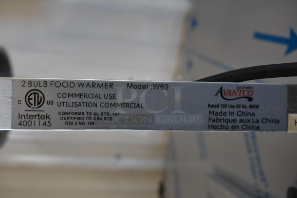 Avantco W62 Countertop 2 Head Warming Lamp, 120 Volts, 1 Phase, commercial use, UL certified, made in China.