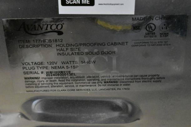 Avantco 177HPIS1812 heated holding cabinet label indicates 120V, 1440W, NEMA 5-15P plug. Serial: 20240800013EL. Made in China.