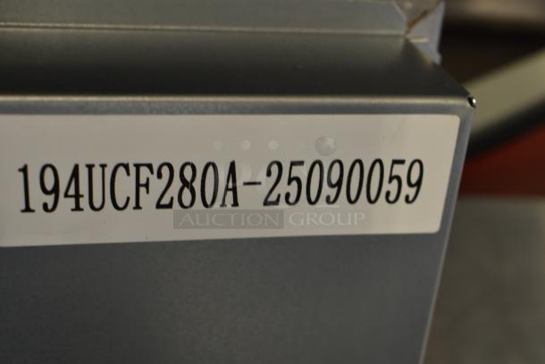 Alt text: Close-up of Avantco model 194UCF280A label on a stainless steel commercial ice machine, indicating serial number.