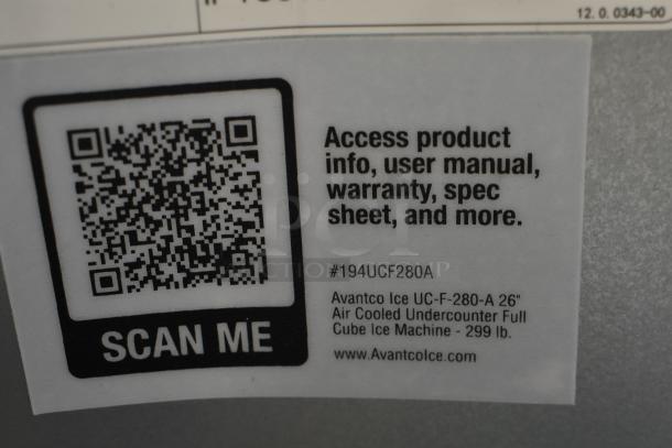 QR code label for Avantco 194UCF280A ice machine, provides product info, manual, warranty, and specs.