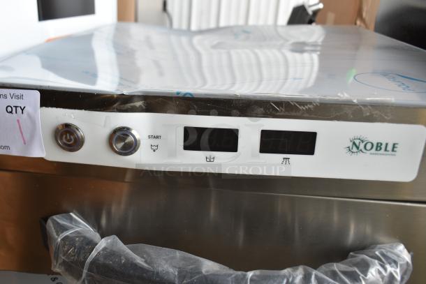 Brand new Noble 495HTGW22 stainless steel undercounter dishwasher, 208-240V, 1 Phase, with minor scratches. Power and start buttons visible.
