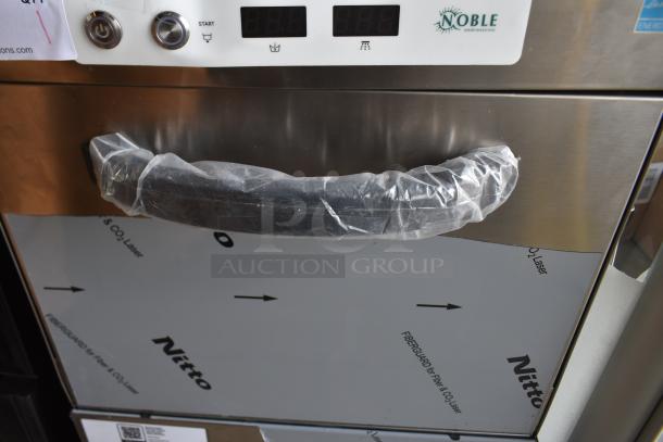 Brand new 2025 Noble 495HTGW22 stainless steel commercial undercounter dishwasher, 208-240V, 1 phase, with minor scratches.