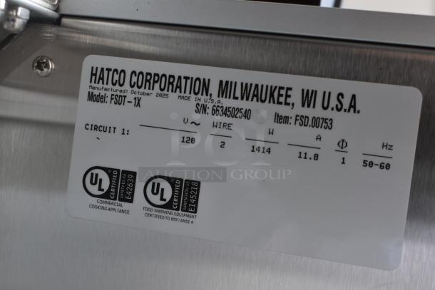 Label showing Hatco FSDT-1X Flav-r-savor model, 120 volts, 1 phase, manufactured in Milwaukee, USA. UL certified.