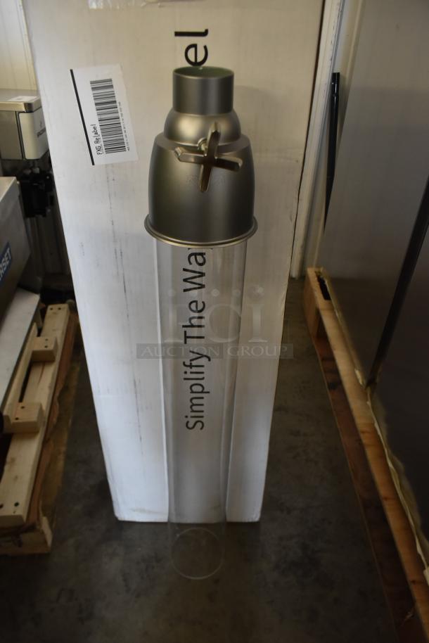 Brand new Hatco dry goods dispenser, scratch and dent condition. Clear body, metal top, features visible label.