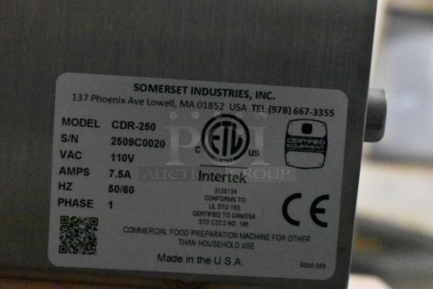 BRAND NEW 2025 Somerset CDR-250 Dough Moulder, stainless steel, for 6-20" loaves. 115V, 1 phase. ETL certified tag shown.