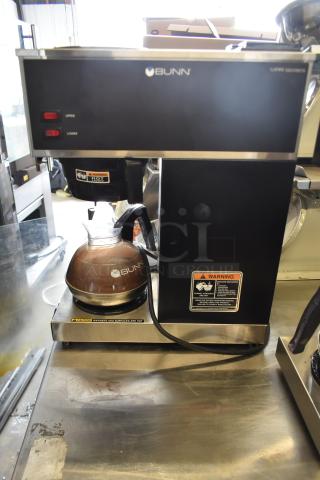 2021 Bunn VPR Black 12 Cup Pourover Coffee Brewer with 2 warmers and decanters. Features visible logos and warning labels.