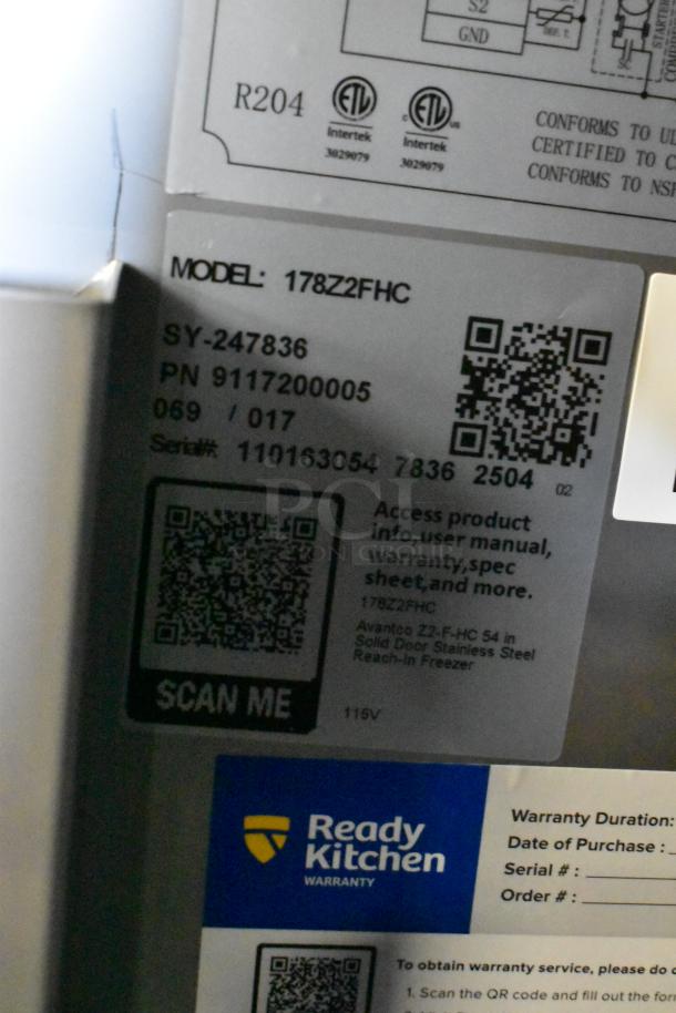 2025 Avantco 178Z2FHC stainless steel commercial 2-door reach-in freezer, 115V, 1 phase, model details and warranty tags visible.