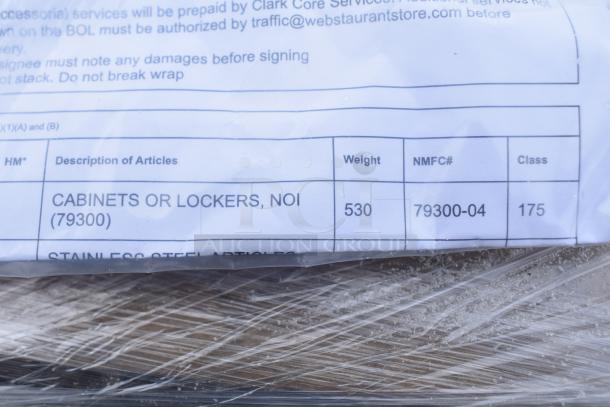 Label for cabinets/lockers indicating weight 530, NMFC# 79300-04, class 175. Items are new but with scratch and dent.