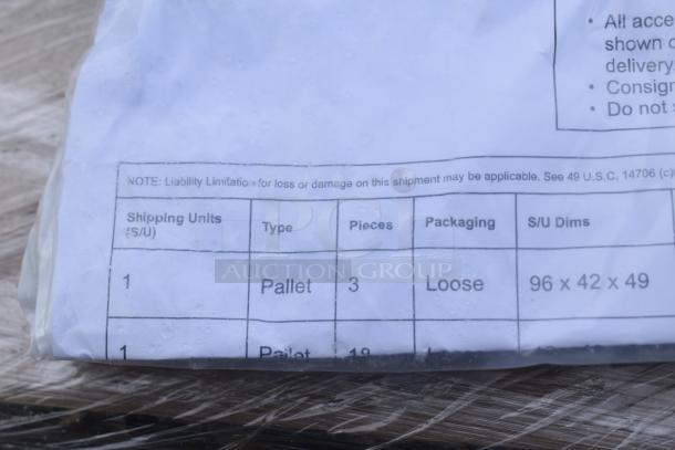 Shipping label showing 3 loose items on pallet, dimensions 96x42x49, marked for liability limits.