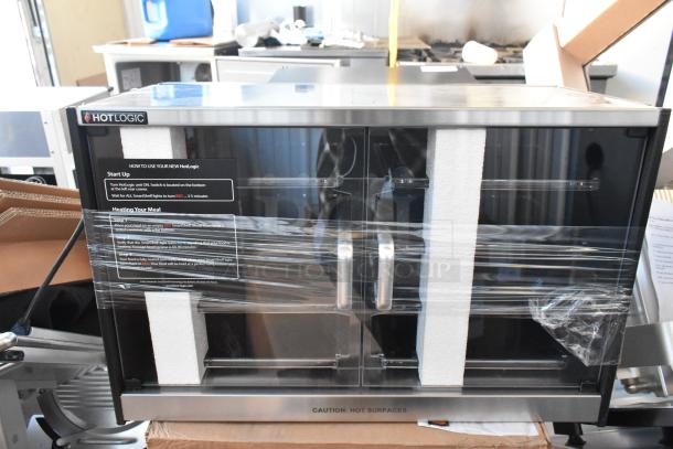 IN ORIGINAL BOX! HotLogic HL 800 metal countertop self-cooking appliance, 120V, pristine condition, visible user guide label.