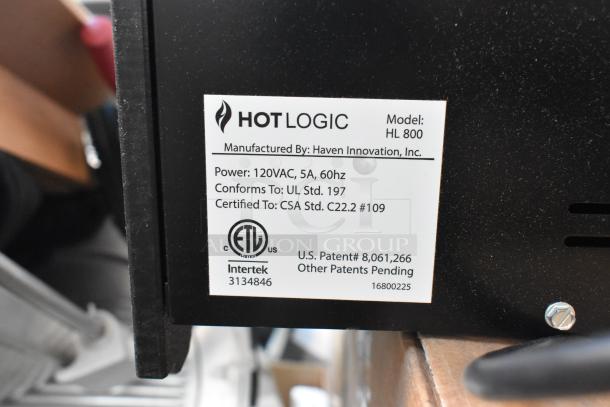 IN ORIGINAL BOX! HotLogic HL 800 metal self-cooking appliance, 120V, 1 phase. Label shows certifications and patent info.