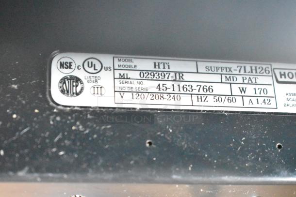 2017 Hobart HTi-7LH26 metal commercial food scale label, 120/208-240V, 1 phase, model and serial numbers visible, tested working.
