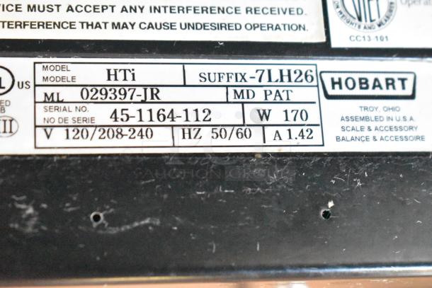 2017 Hobart HTi-7LH26 metal commercial scale, tested and working, 120/208-240V, 1 phase, model and serial labels shown.