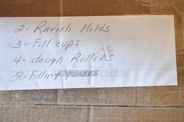 Handwritten list showing included accessories: 2 ravioli molds, 3 fill cups, 4 dough rollers, 2 filling guides.