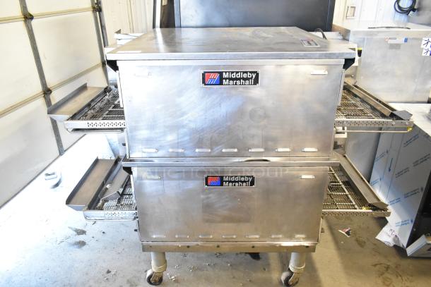 Middleby Marshall PS638G conveyor pizza ovens, stainless steel, natural gas, on casters, 89,000 BTU, commercial use.