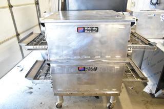 Middleby Marshall PS638G conveyor pizza ovens, stainless steel, natural gas, on casters, 89,000 BTU, commercial use.