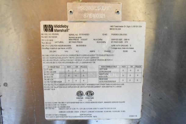 Middleby Marshall PS638G stainless steel commercial conveyor pizza oven label, showing model, serial number, and 89,000 BTU specs.