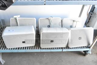 6 JBL Control 28-1-WH 8 Ohm speakers on shelf; white casings, JBL logo. Good condition, includes mounting brackets.