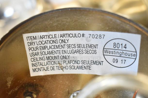 Westinghouse item label on metal fixture; Article #70287 for dry locations only, ceiling mount. Dated 09/17.