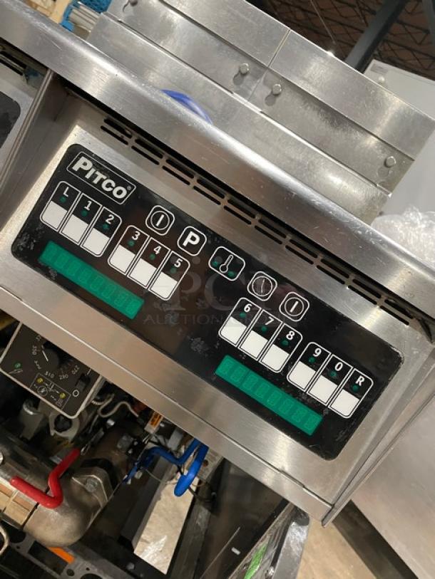 Pitco Solstice Supreme SSH55 stainless steel 2-bay fryer, Energy Star certified, with filtration system, keypad, and casters.