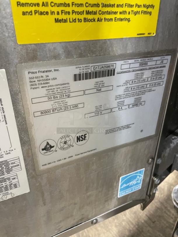 Pitco Solstice Supreme Series SSH55 deep fryer label showing model SSH55, SN G17JA058670, 115V, 50Lb. capacity, Energy Star certified.