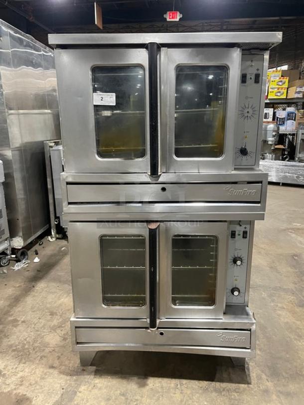 SunFire ICOE10M double-stacked stainless steel convection oven, electric 208V 3 phase, with wired racks, on legs.