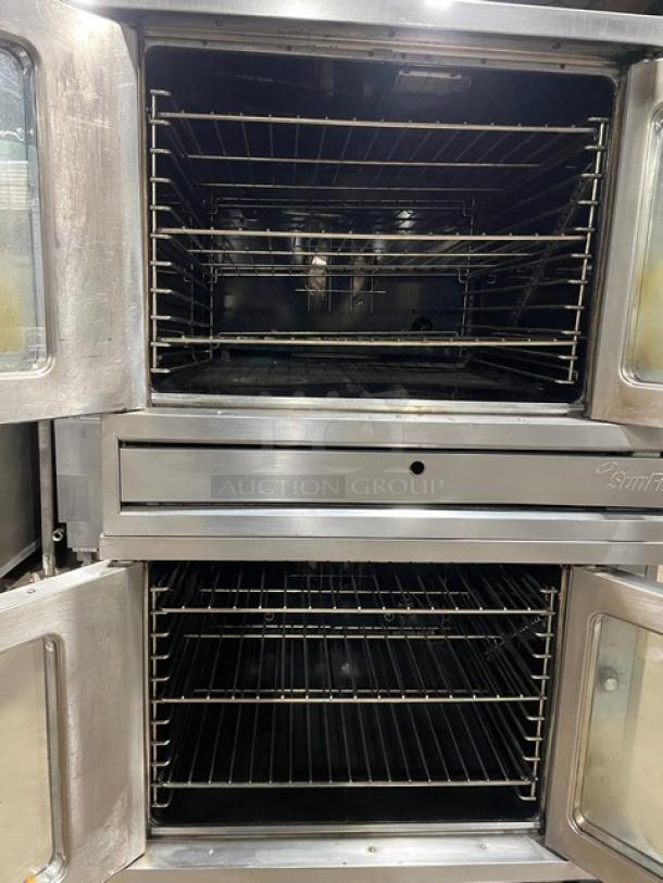 SunFire double-stacked convection oven, stainless steel, model ICOE10M, electric 208V 3 phase, with wire racks, on legs.