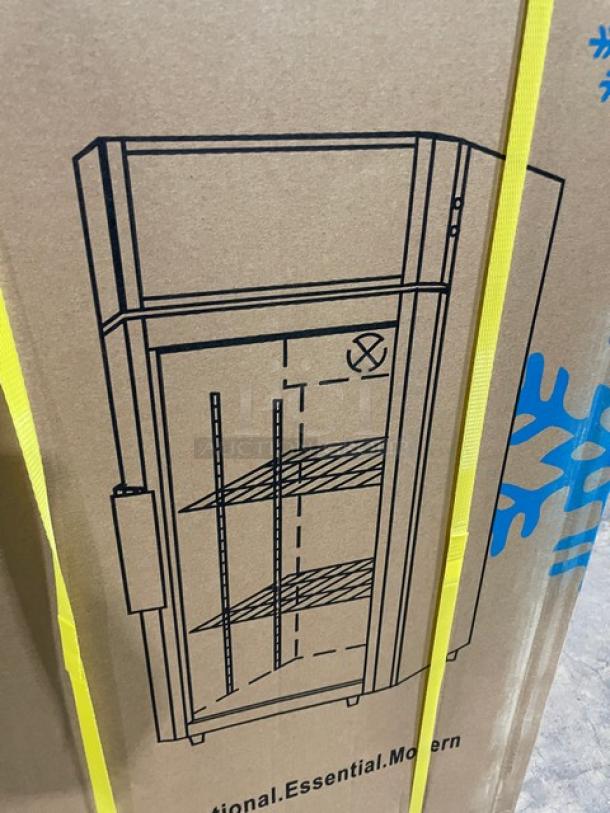 ProCool T80L commercial single glass door countertop upright merchandiser, brand new in packaging, featuring model illustration.