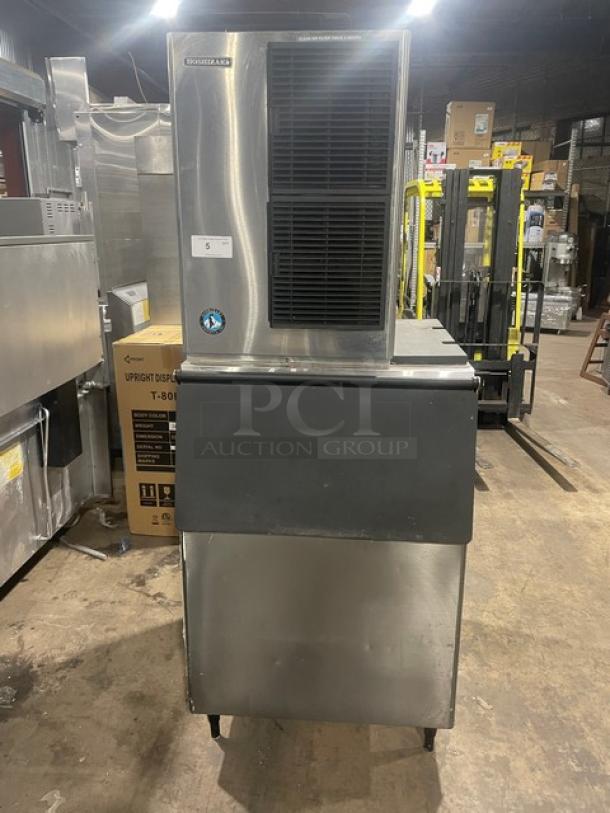 Hoshizaki KM-515MAH/B-500PF ice machine, stainless steel, air-cooled, on legs, electric-powered, commercial model.
